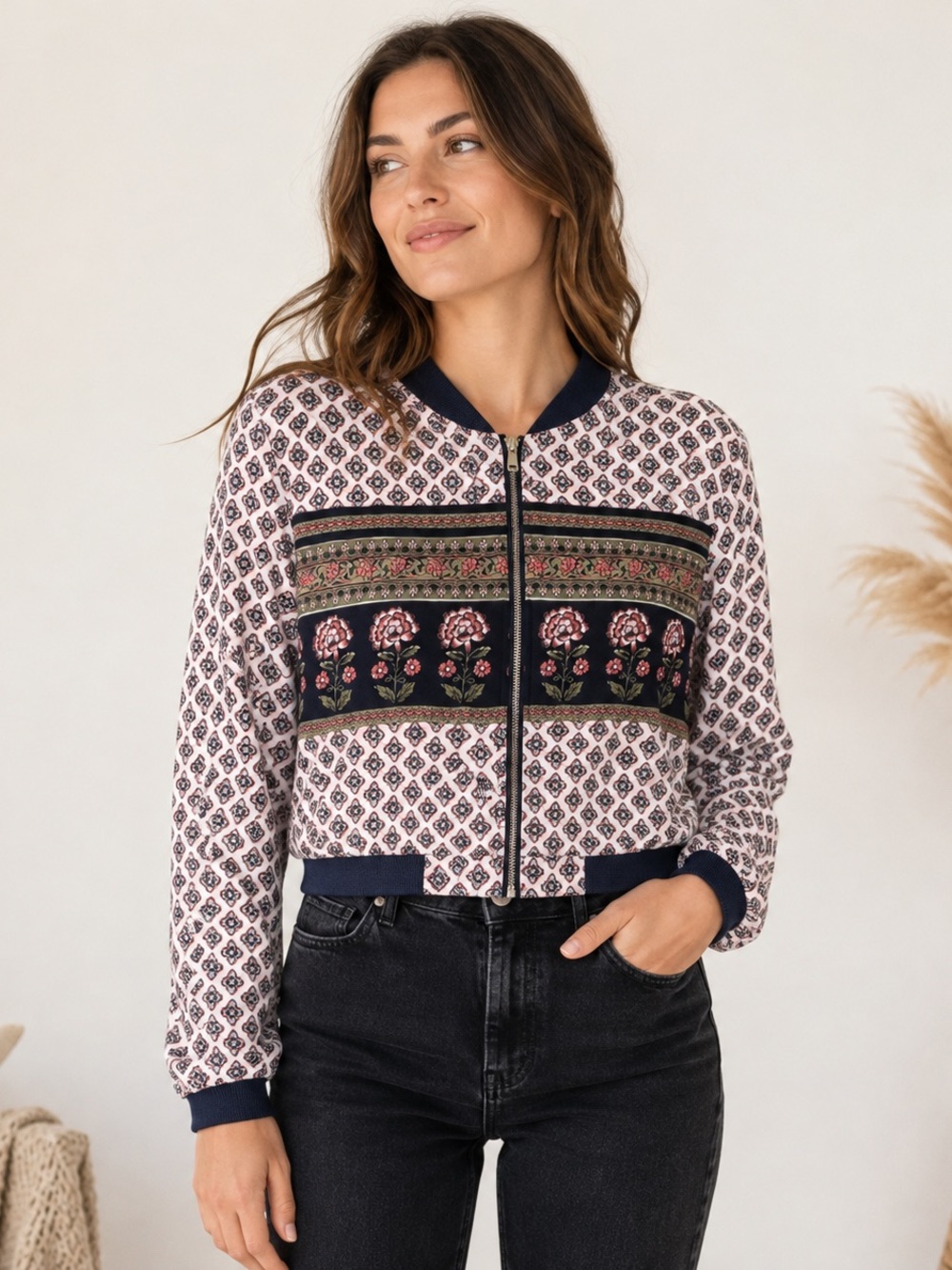 Cape Juby Floral Bomber Jacket Women’s Large Boho Folk Print Viscose